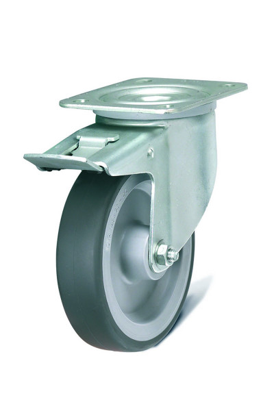 Swivel wheel in non-marking rubber with brake diameter 125 mm